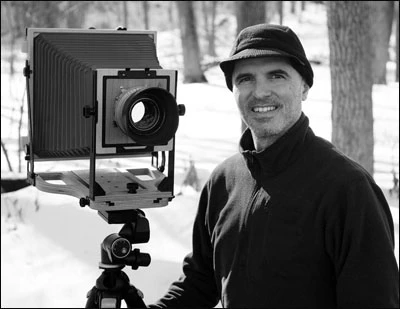 Scott in the snow with an 8x10 large format film camera.